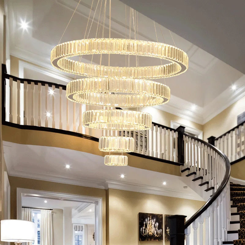 Afralia™ Modern Rings Crystal Chandelier for Large Staircase, Living Room, and Lobby