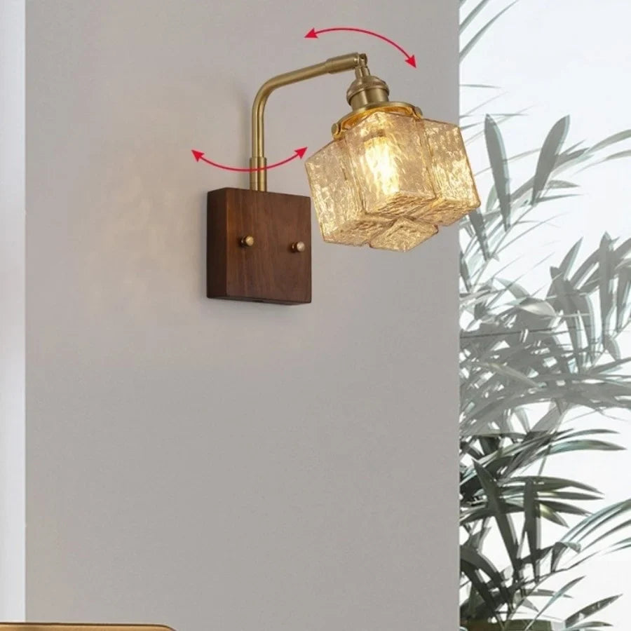 Afralia™ Amber Glass LED Wall Sconce with Walnut Wood, Pull Chain Switch for Living Room