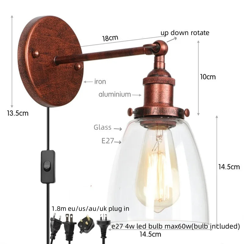 Afralia™ LED Wall Light Fixture Pull Chain Switch Industrial Vintage Bedroom Lamp