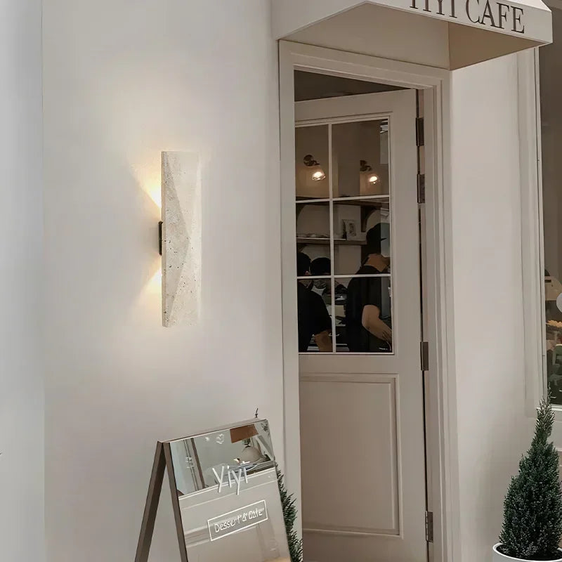 Afralia™ Yellow Travertine Stone Japanese Style LED Wall Lamp Bedroom Decoration