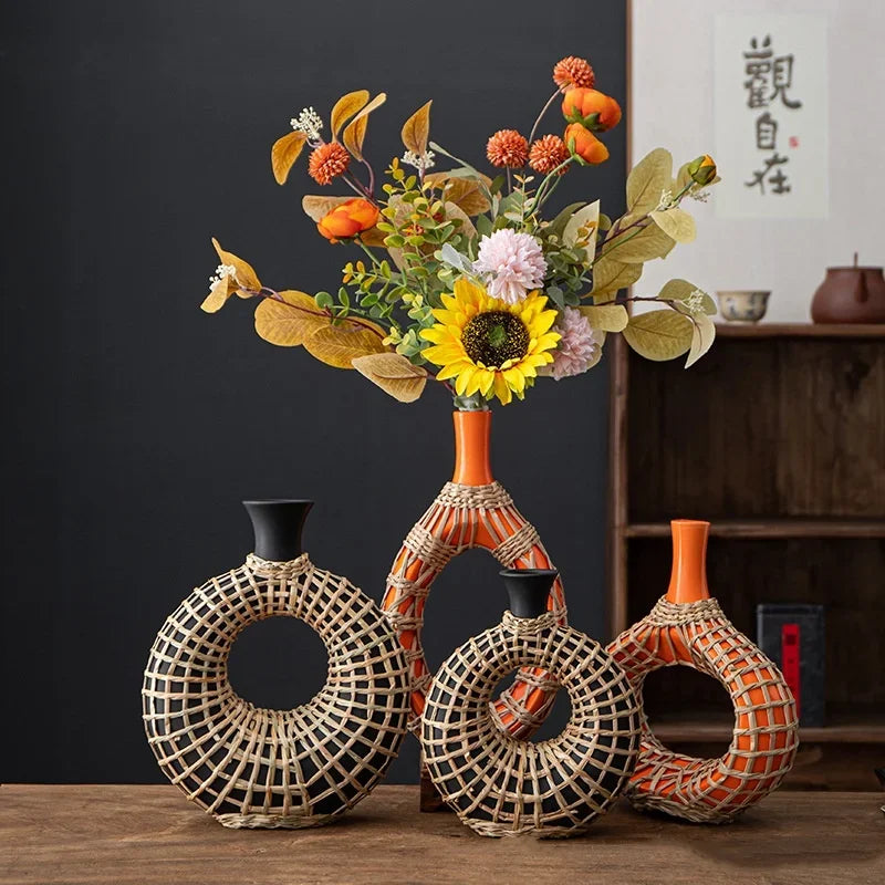 Afralia™ Rattan Vase: Geometric Ceramic & Straw Plaited Floral Arrangement Home Decor