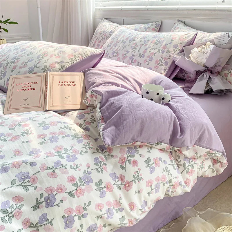 Afralia™ Cartoon Heart Floral Print Duvet Set with Bed Sheet & Pillowcases