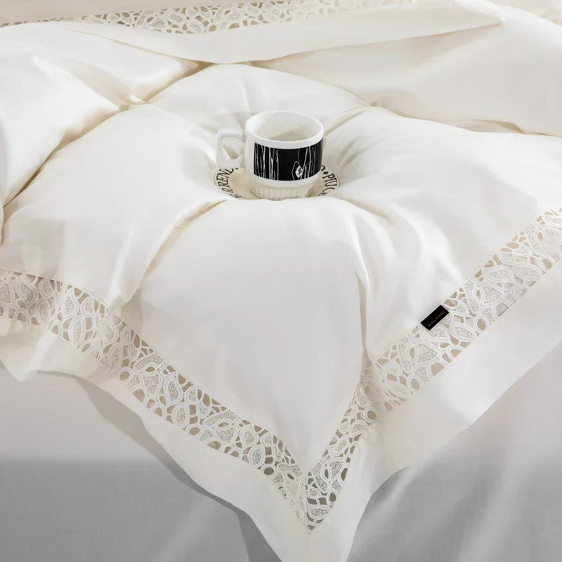 Afralia™ Silky Lace Broad Side Duvet Set with Fitted Sheet & Pillowcases