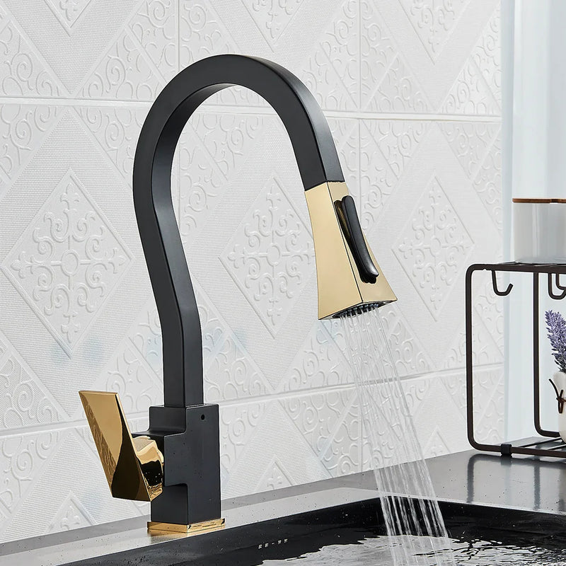 Afralia™ Black Gold Kitchen Faucet with Flexible Pull Down Sprayer