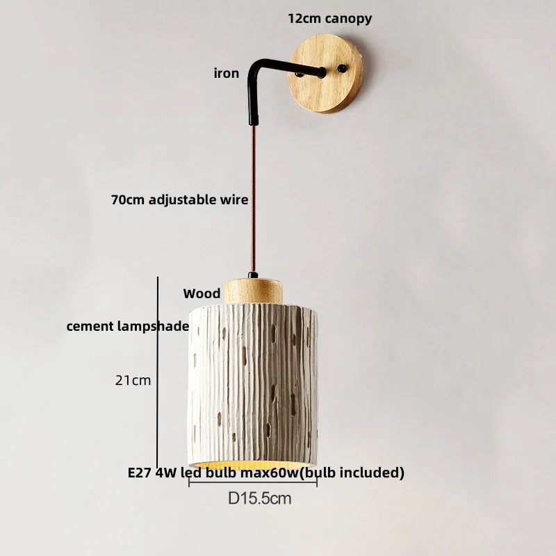 Afralia™ Nordic LED Wall Sconce Wood Cement Interior Home Decor Plug-In Bedside Light