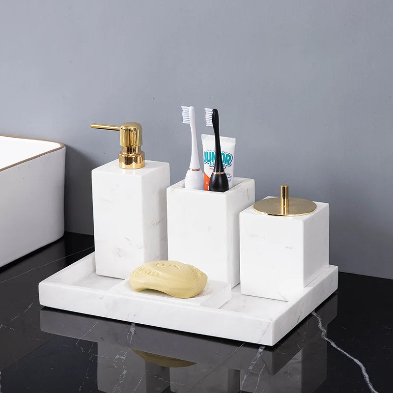 Afralia™ Volakas White Marble Bathroom Set: Soap Dispenser, Toothbrush Holder, Tray