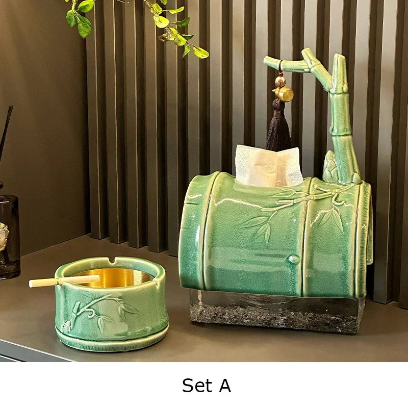 Afralia™ Bamboo Tissue Box: Ceramic Green Bamboo Design for Coffee Table & Desk Decor