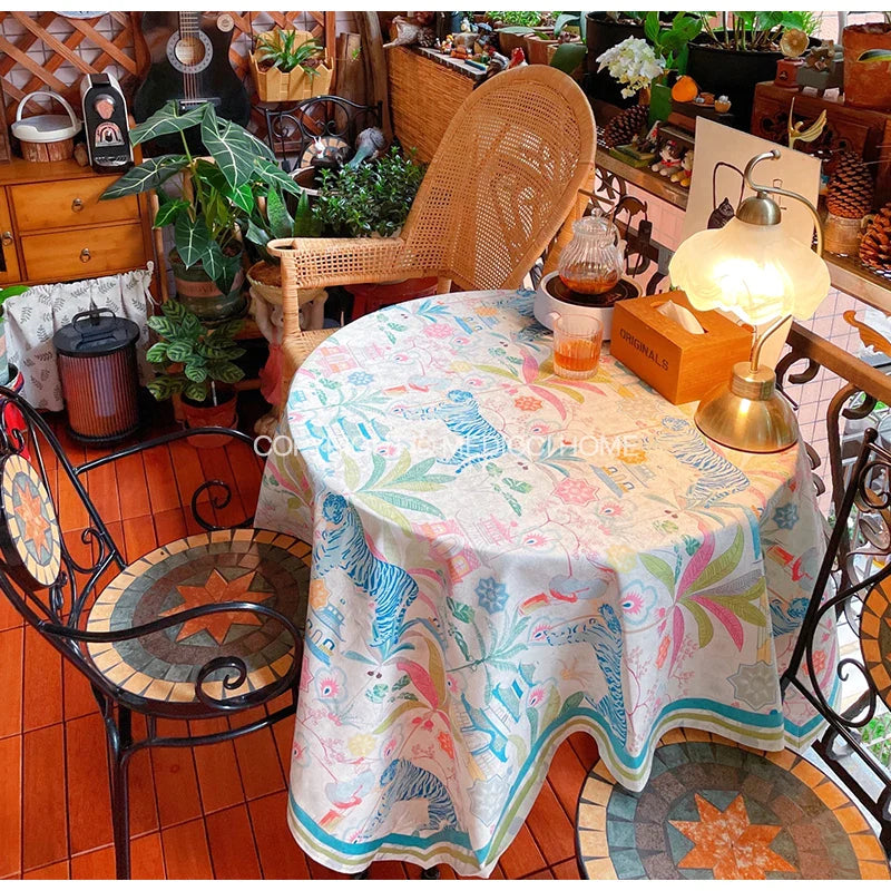 Afralia™ Jungle Vibes Tablecloth: Tiger Plants & Pagoda Print for Kitchen Garden