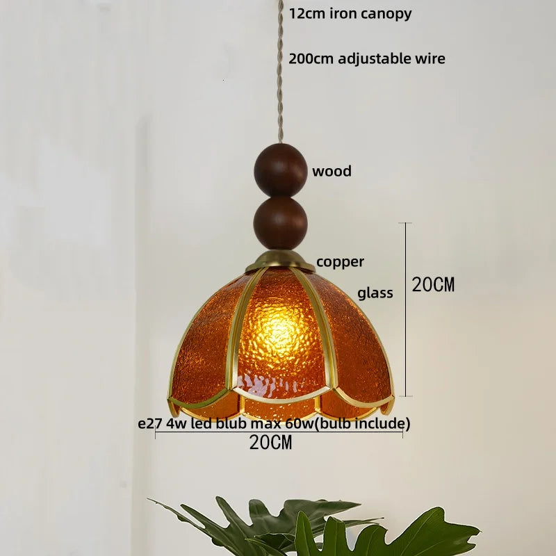 Afralia™ Tiffany Wood Globe LED Pendant Lamp for Kitchen Cafe Reading, Gold Copper Blue Glass