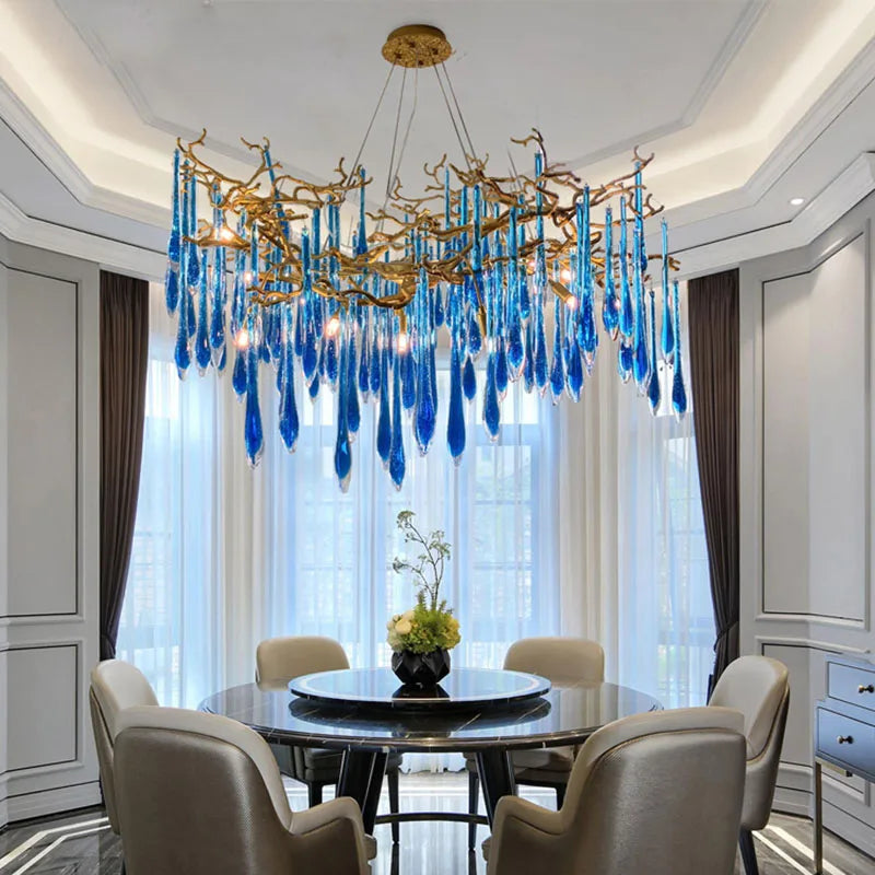 Afralia™ Classic Blue Crystal LED Hanging Chandelier for Elegant Living & Kitchen Decor