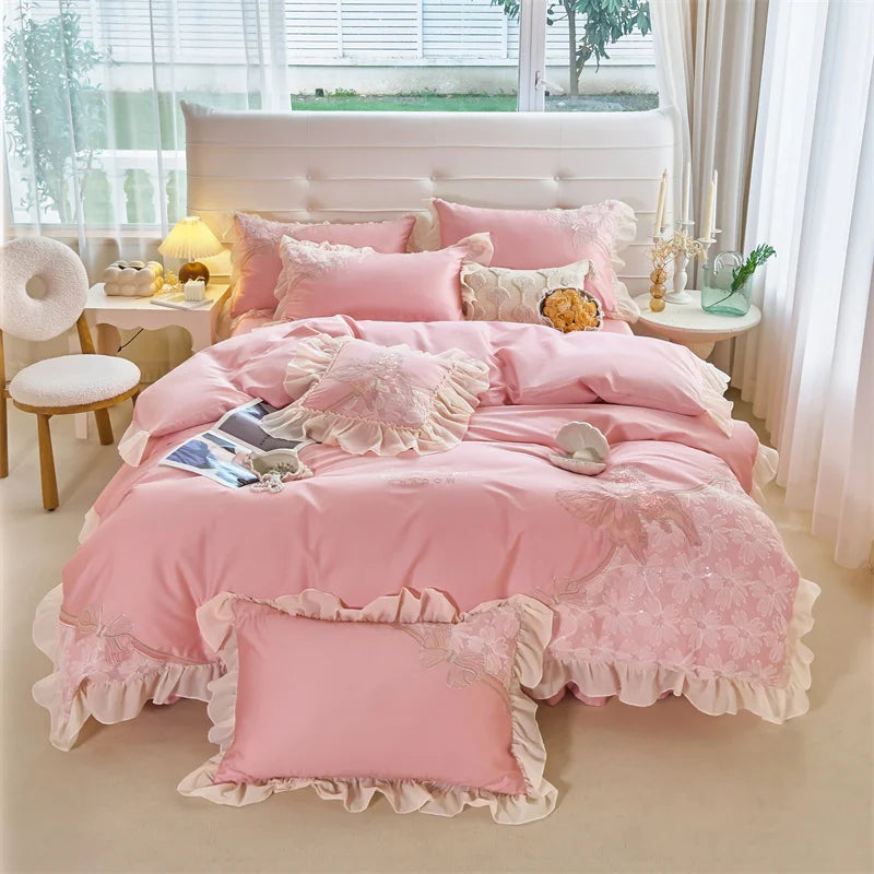 Afralia™ Pink Butterfly Embroidery Lace Princess Wedding Bedding Set