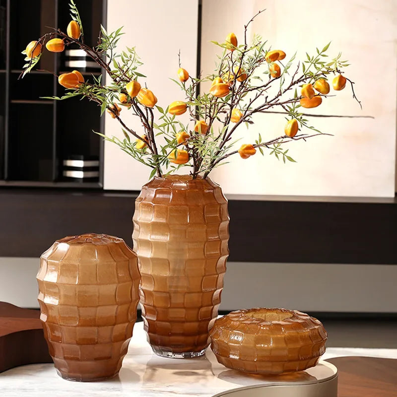 Afralia™ Geometric Frosted Glass Vase with Tartan Floral Arrangement