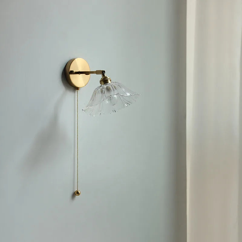 Afralia™ Glass Shade LED Wall Light with Pull Chain Switch - Plug-In Bedroom Lamp
