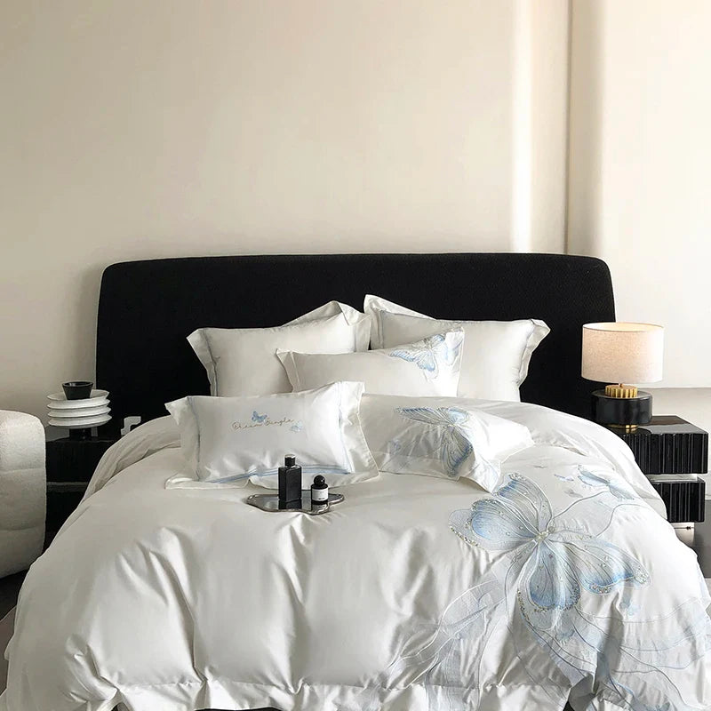 Afralia™ White Luxury Butterfly Embroidery Bedding Set - Queen King Size