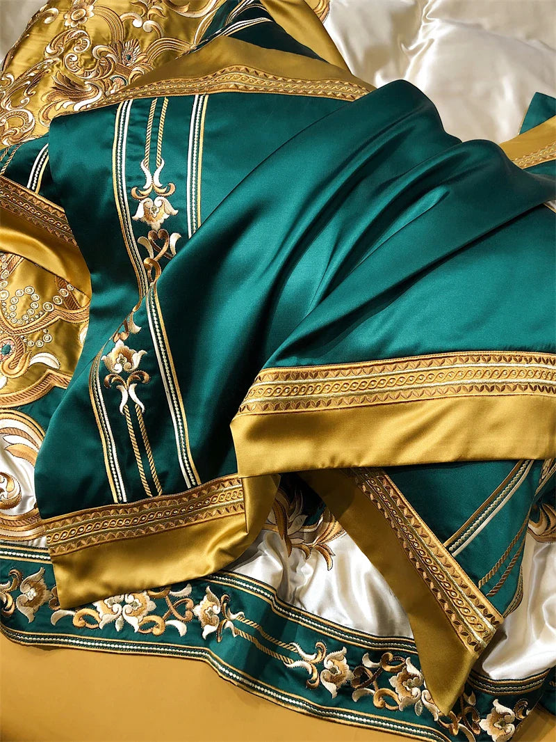 Afralia™ Luxe Vintage Brocade Cotton Gold Embroidered Bedding Set