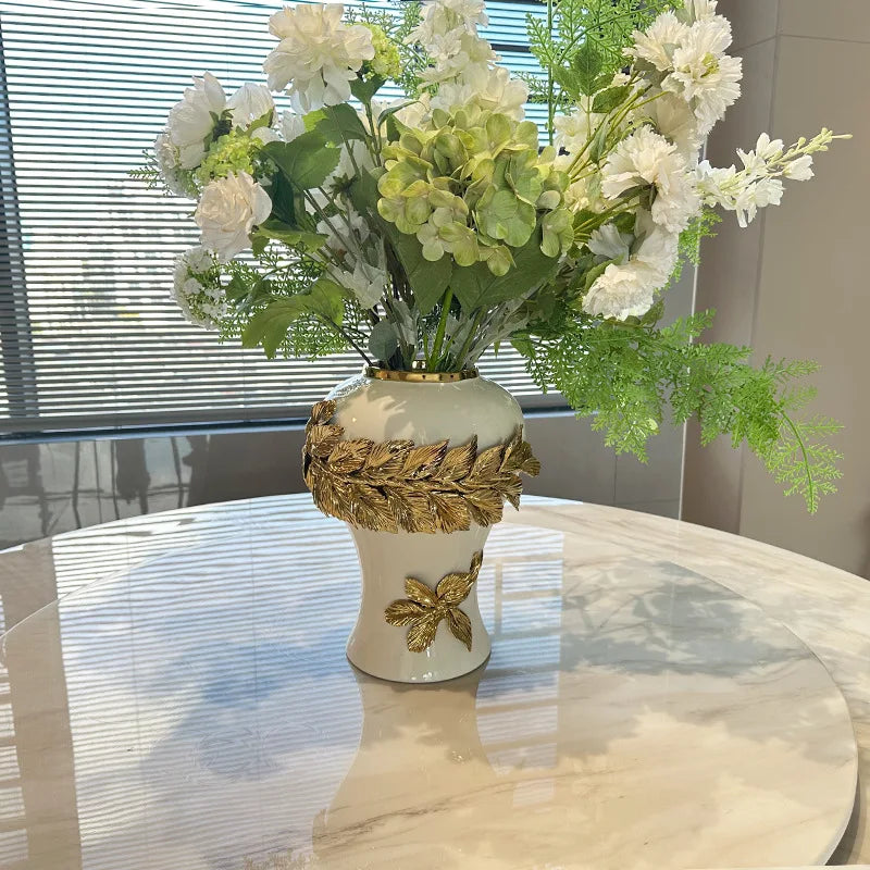 Afralia™ Golden Leaves Ceramic Flower Vase with Hand-embossed Flowers for Flower Arrangement