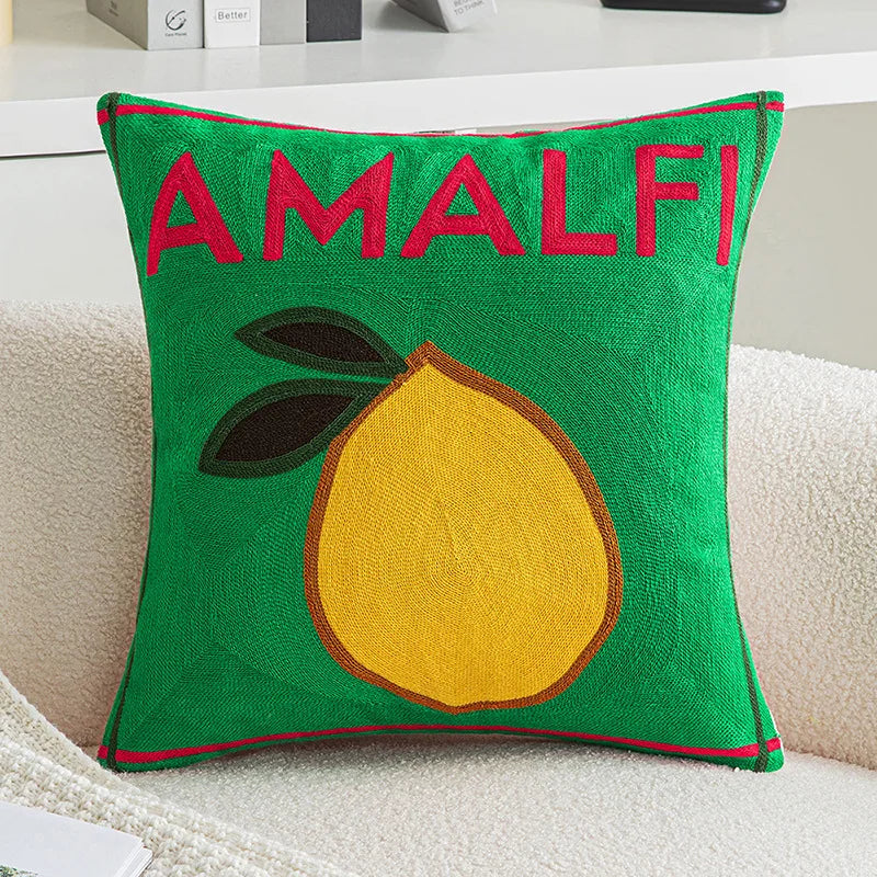 Afralia™ Embroidered Lemon Cushion Cover | Ins Style Green Pillowcase Home Decor