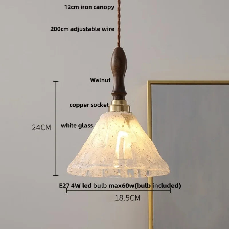 Afralia™ Glass LED Pendant Light Fixture Walnut Wood Modern Style Flush Mount Hang Lamp