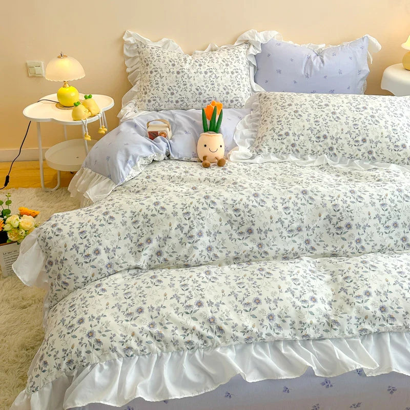 Afralia™ Korean Princess Floral Ruffles Bedding Set: Single/Queen Duvet, Cover, & Pillowcases