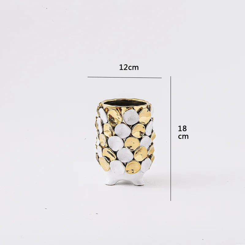 Afralia™ Geometric Gold Leaf Relief Ceramic Vase - Elegant Hand-Appliqued Flower Pot Home Decor