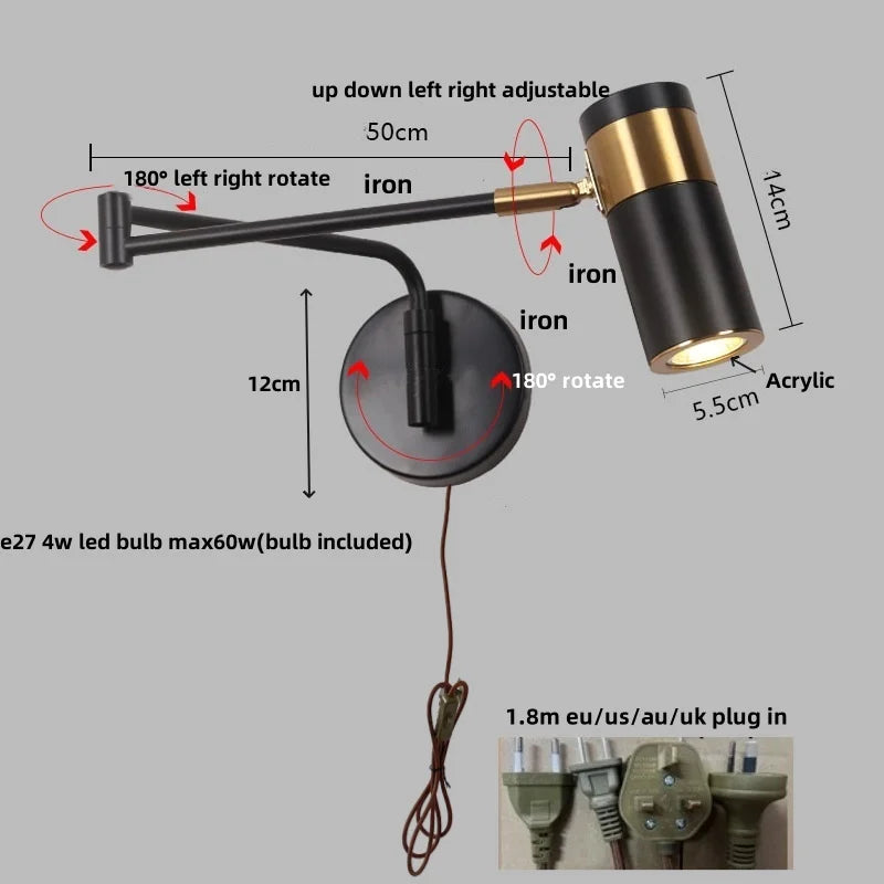 Afralia™ Rotatable LED Wall Sconce Swing Arm Light Fixture for Study and Bedside