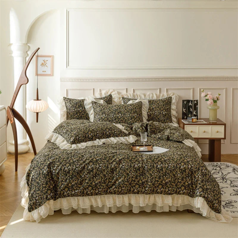 Afralia™ French Country Flowers Print Bedding Set with Lace Ruffles