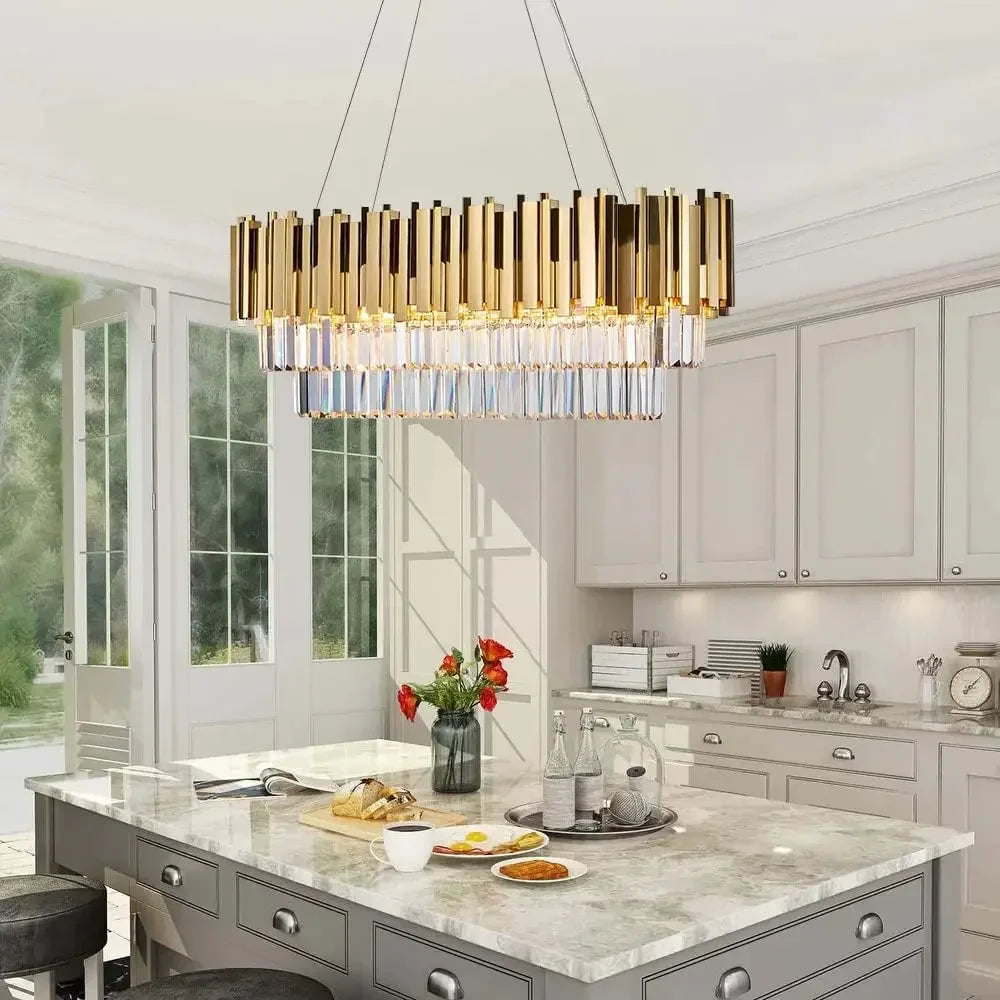 Afralia™ Gold Crystal Chandeliers for Dining Room Kitchen Island - Luxury Oval Pendant Lights Fixture