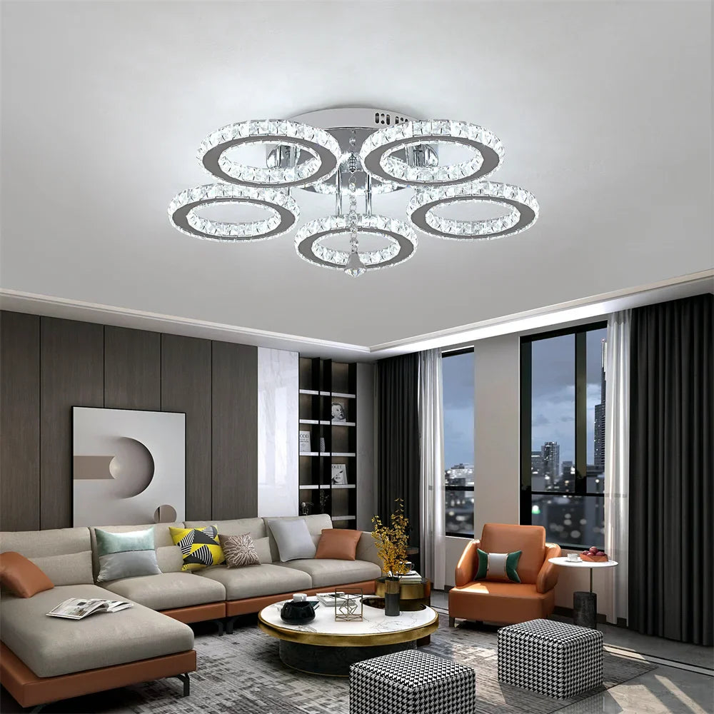 Afralia™ Crystal Flush Mount Chandelier: App Dimmable Rings Shape Ceiling Light