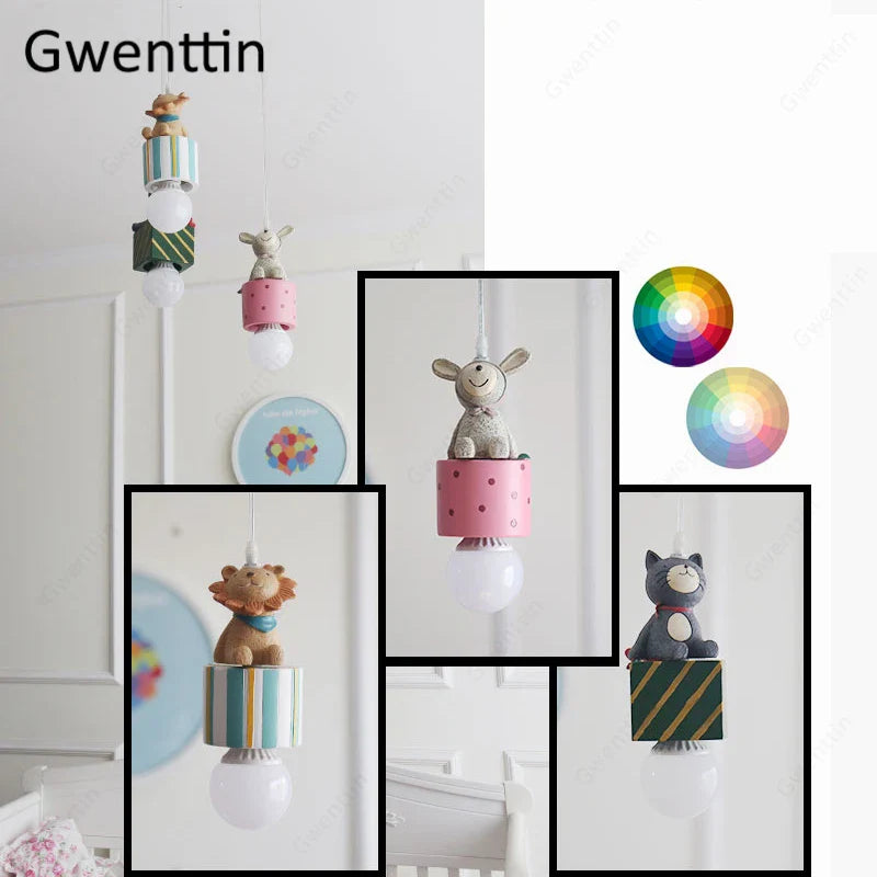 Afralia™ Kids Animal Pendant Lamp: Rabbit Lion Cat LED Ceiling Light Fixture