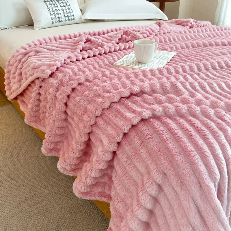 Afralia™ Faux Rabbit Plush Striped Blanket: Nordic Coral Velvet Carpet for Napping & Quilting.