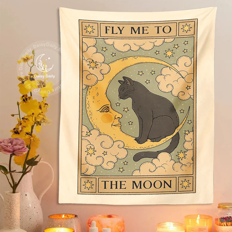 Afralia™ Moon Cat Tapestry Wall Hanging - Psychedelic Star Aesthetic Home Room Decor