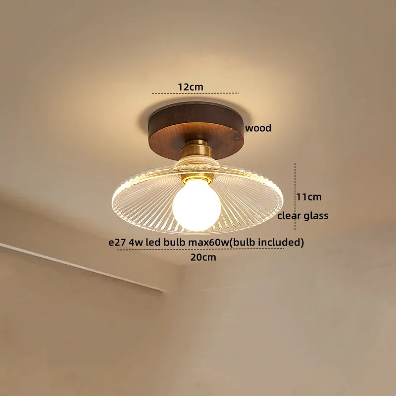 Afralia™ Green Glass LED Ceiling Lamp Nordic Wood Copper Ceiling Lights