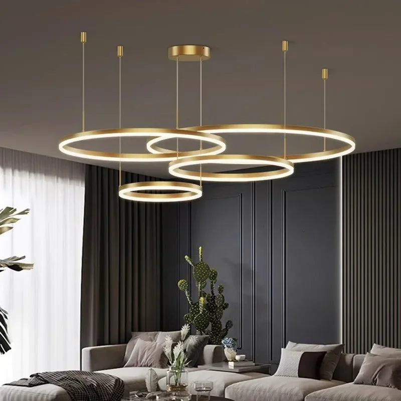 Afralia™ Modern LED Chandelier: Brushed Rings Ceiling Lighting, Gold&Black Frame