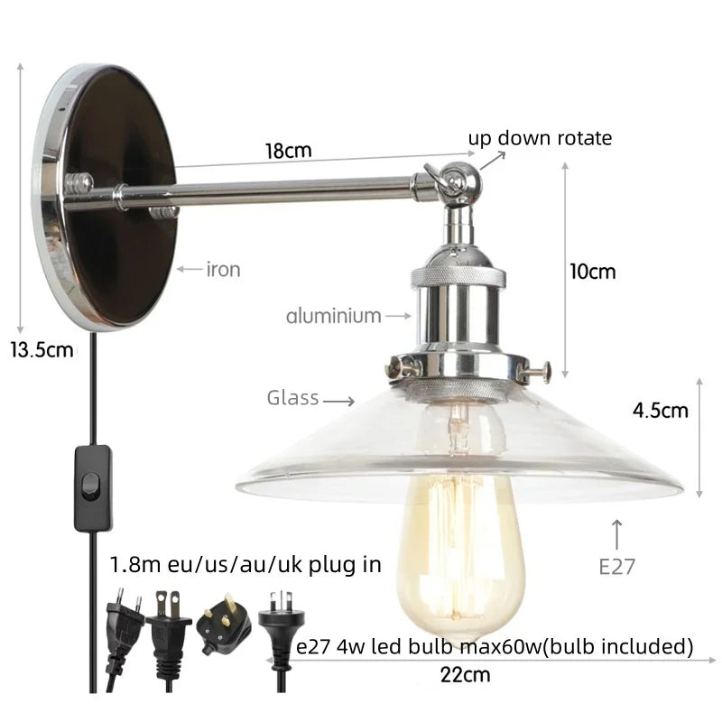 Afralia™ Vintage Industrial LED Wall Lamp with Clear Glass Shade