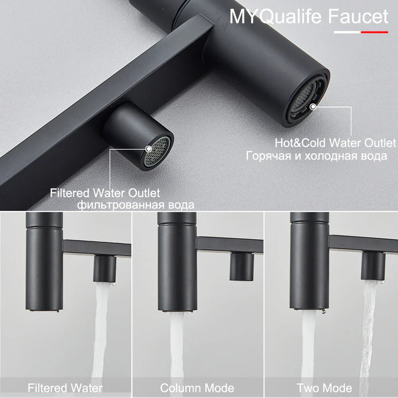 Afralia™ Black Filtered Kitchen Faucet Brass Dual Handle Pure Water Mixer Taps