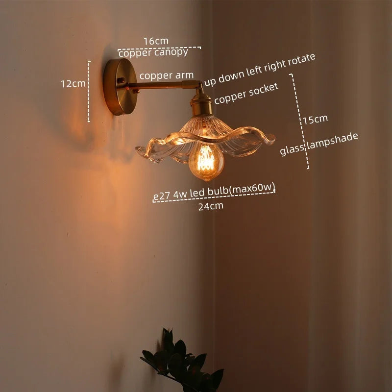 Afralia™ Vintage Glass LED Wall Light Fixture Bedroom Living Room Bedside Lamp Gold