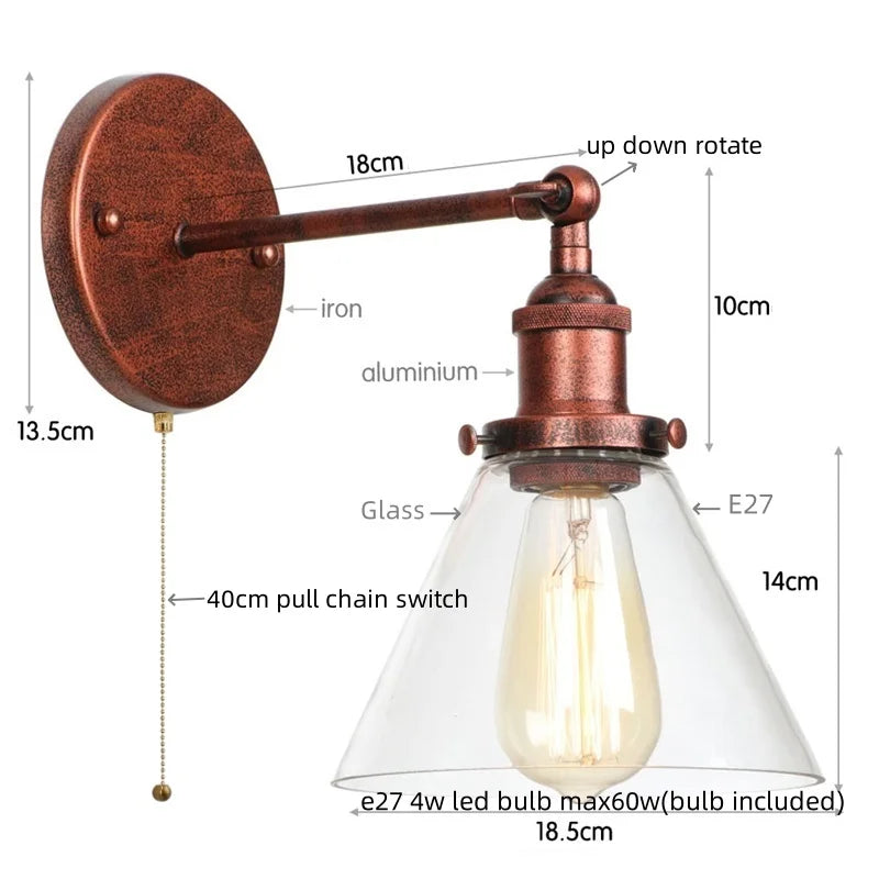 Afralia™ Clear Glass Iron LED Wall Sconce Rustic Industrial Vintage Plug In Light