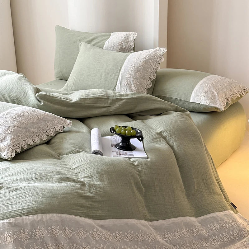 Afralia™ French Lace Cotton Bedding Set: Duvet, Sheet, Pillowcases, 4Pc