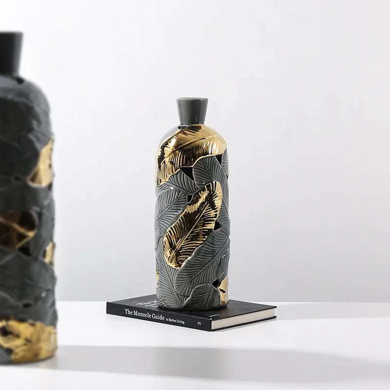 Afralia™ Feather Pattern Ceramic Vase in Gray and Gold - Home Decor Accent