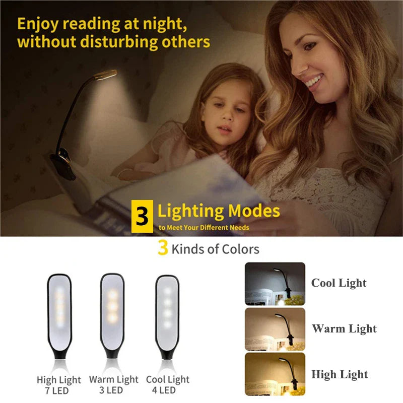 Afralia™ 7 LED Book Light: Rechargeable Reading Lamp with 3-Level White Light Clip-On