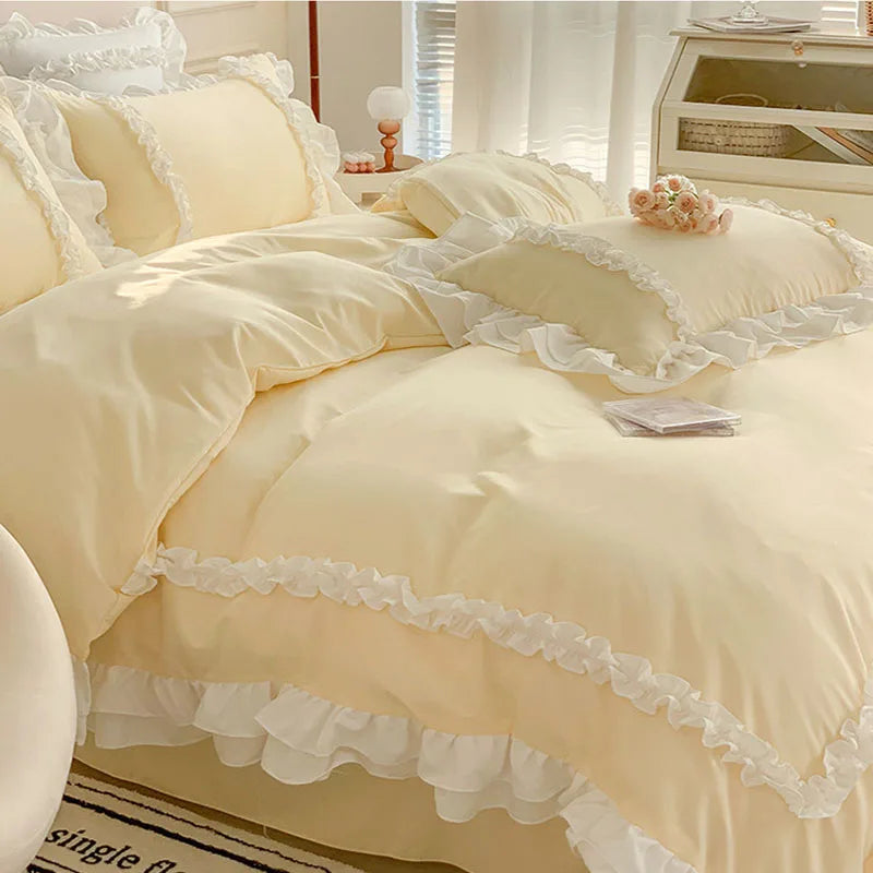 Afralia™ Korean Princess Lolita Bed 4-Piece Set in Solid Washed Cotton