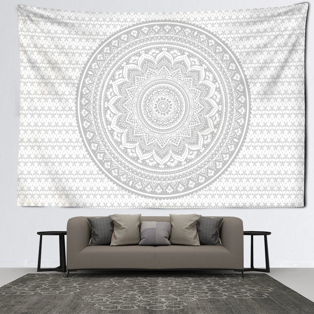 Afralia™ Grey Mandala Tapestry Wall Hanging Psychedelic Hippie Art for Aesthetic Home Decor