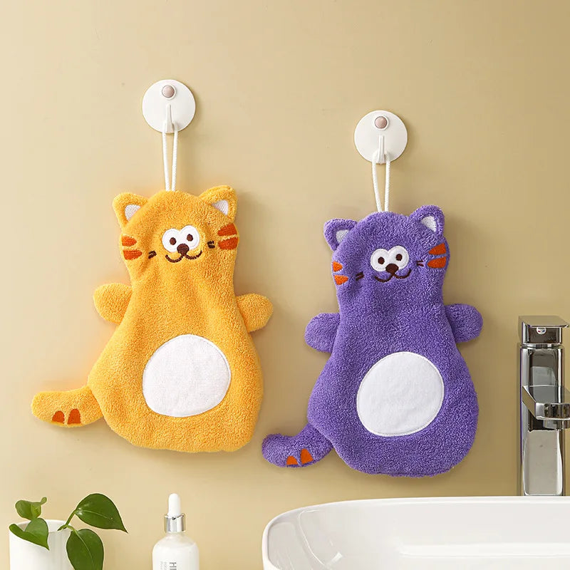 Afralia™ Cartoon Cat Coral Velvet Hand Towels: Soft, Cute, Quick Dry Bath Towels