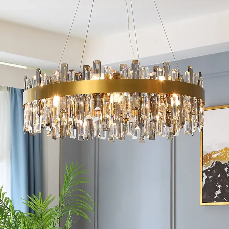 Afralia™ Smoke Grey Crystal LED Chandelier: Modern Home Decor Hanging Light Fixture for Living Room, Dining Room