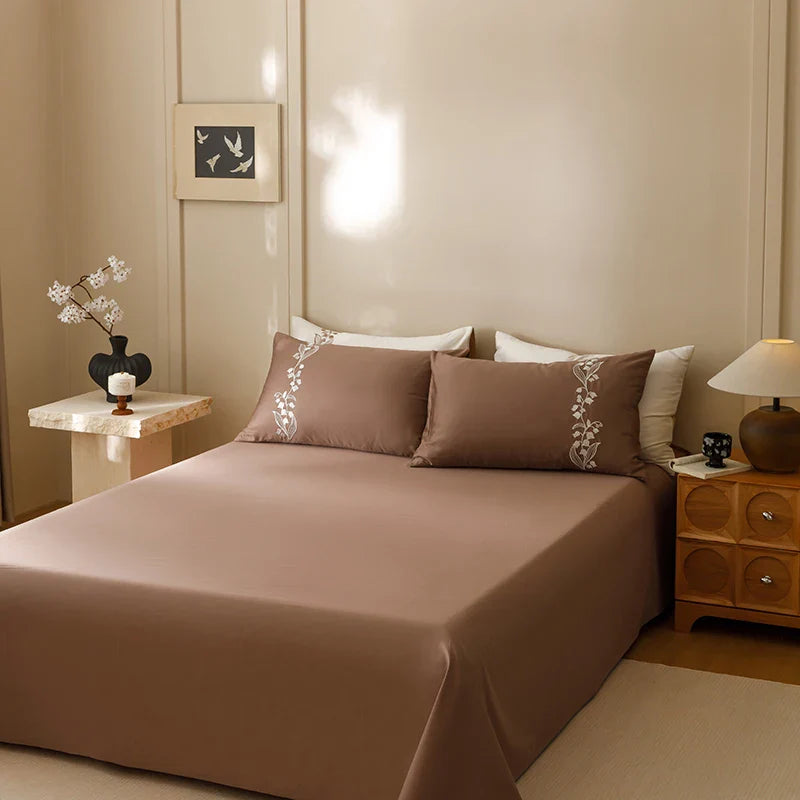 Afralia™ Elegant Lily of the Valley Embroidery Brown Cotton Bedding Set