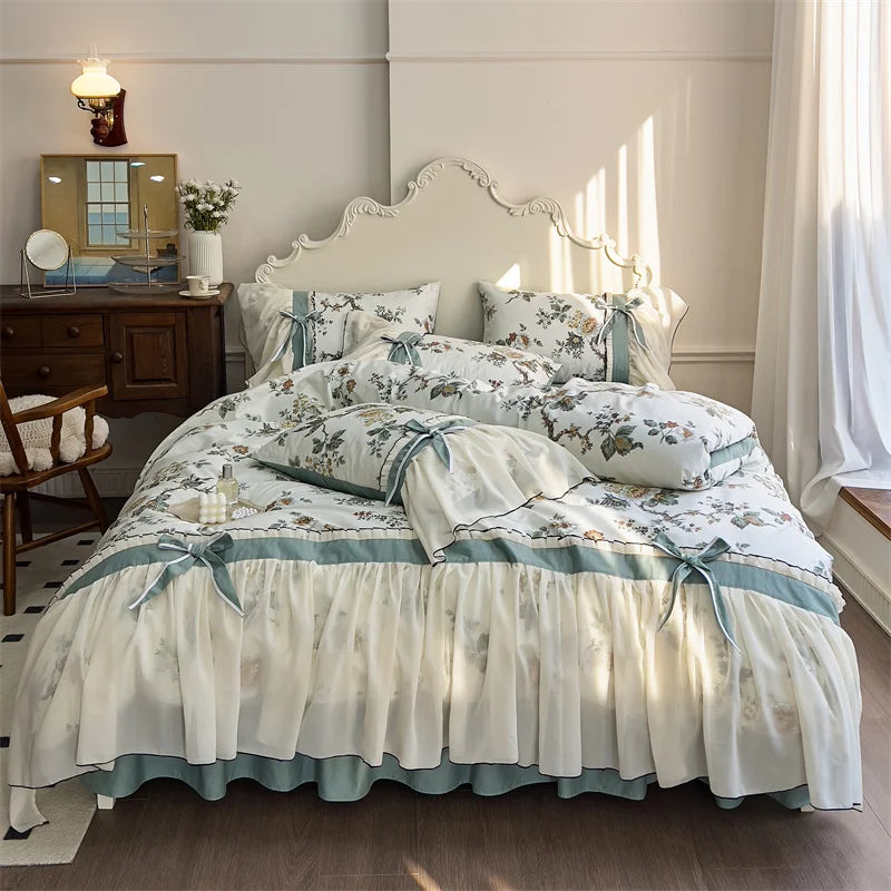 Afralia™ Chiffon Lace Ruffles Princess Egyptian Cotton Bedding Set