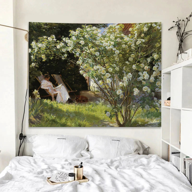Afralia™ Rose Garden Tapestry Retro Oil Painting Wall Cloth for Bedroom Decor