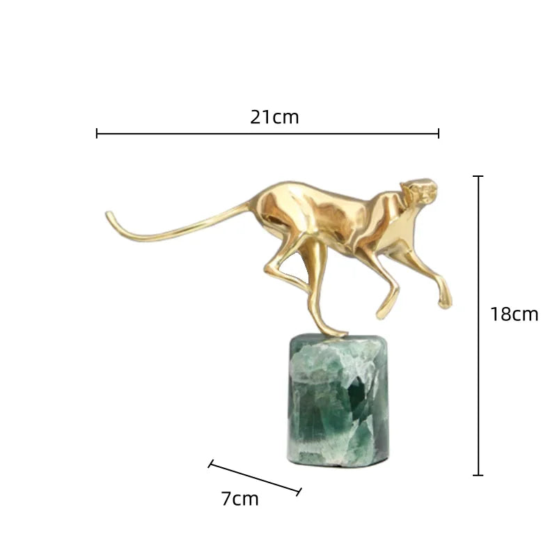 Afralia™ Golden Leopard Brass Cheetah Figurine Green Marble Base Metal DecorAccessory
