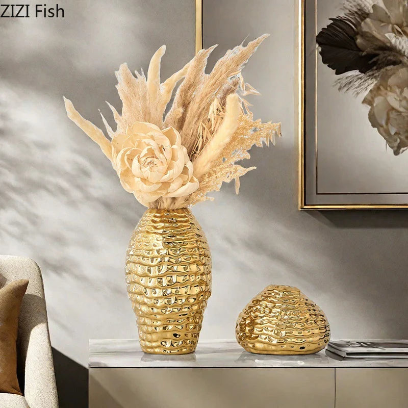 Afralia™ Golden Wrinkle Ceramic Vase - Desk Decoration, Gold-plated Floral Pots for Aesthetic Room Decor