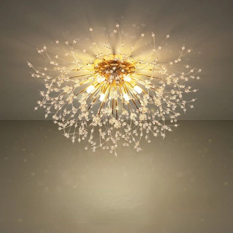 Afralia™ Golden Dandelion Crystal Chandelier: Warm Nordic LED Ceiling Lamp for Romantic Living Room.